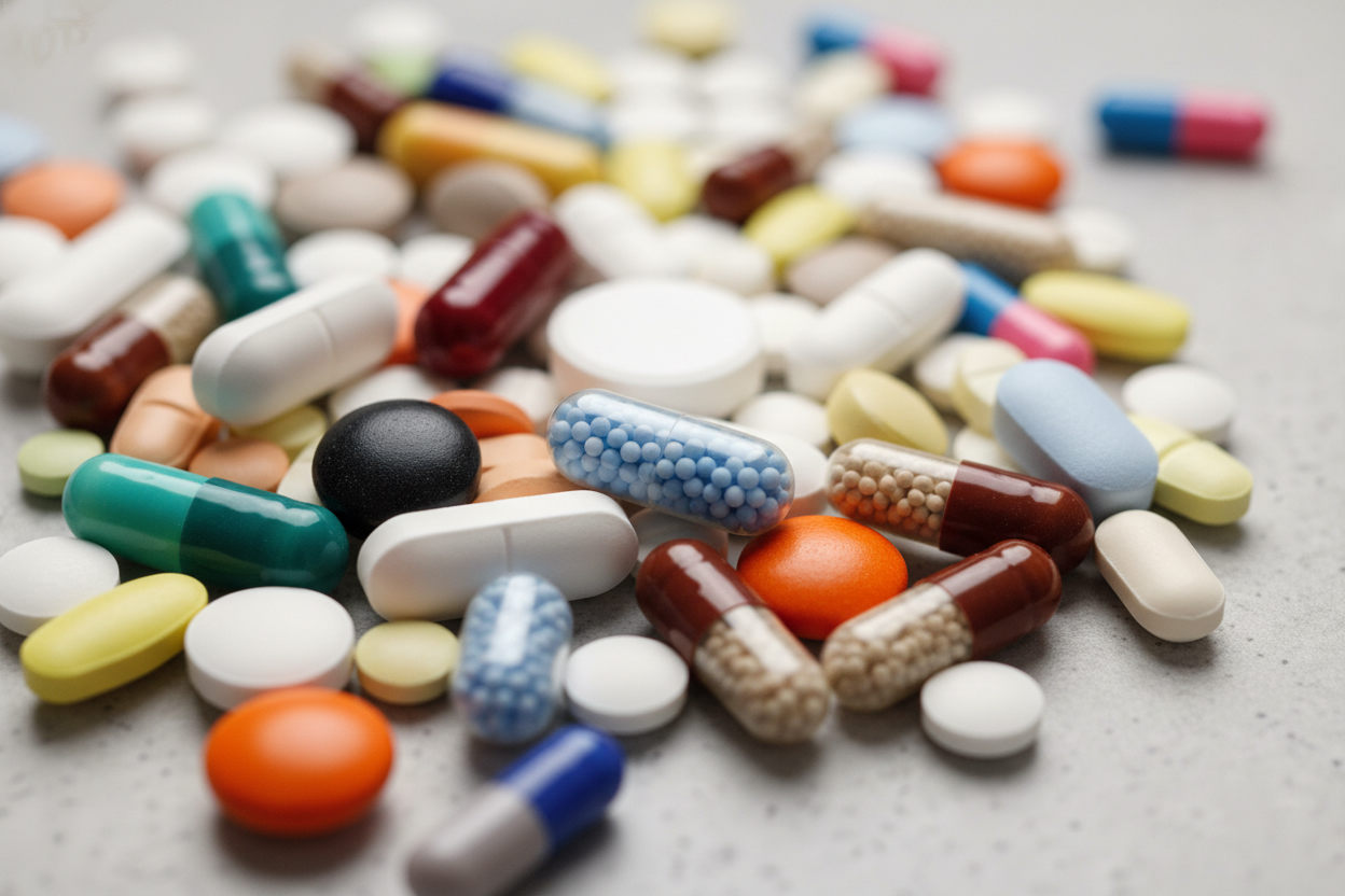 Разноцветные таблетки и капсулы на светлой поверхности — медикаментозное кодирование Селинкро от алкоголизма.